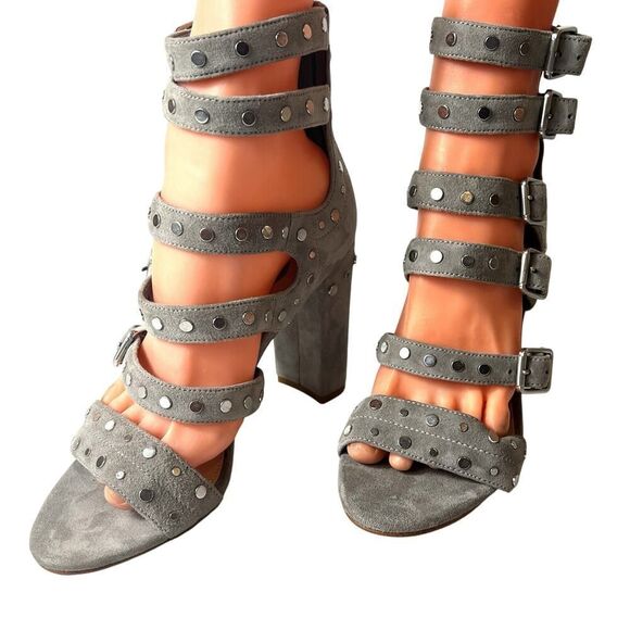Sam Edelman Womens 7.5 M Gray Suede Studded Cage Ultra High Heel Sandal Open Toe - Picture 2 of 10